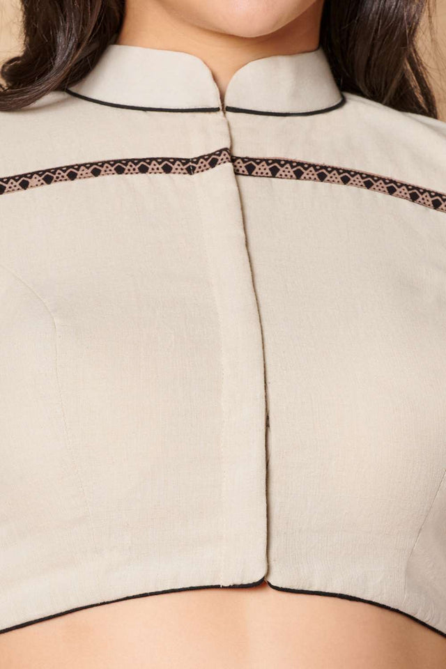 Cream Solid Cotton Stand Collar Blouse