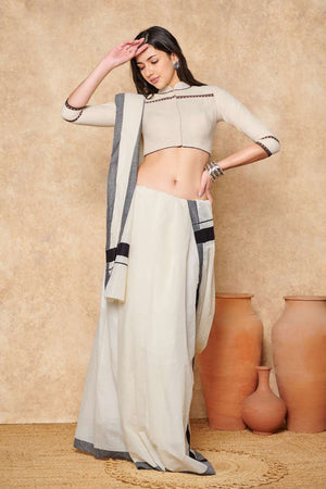 Cream Solid Cotton Stand Collar Blouse