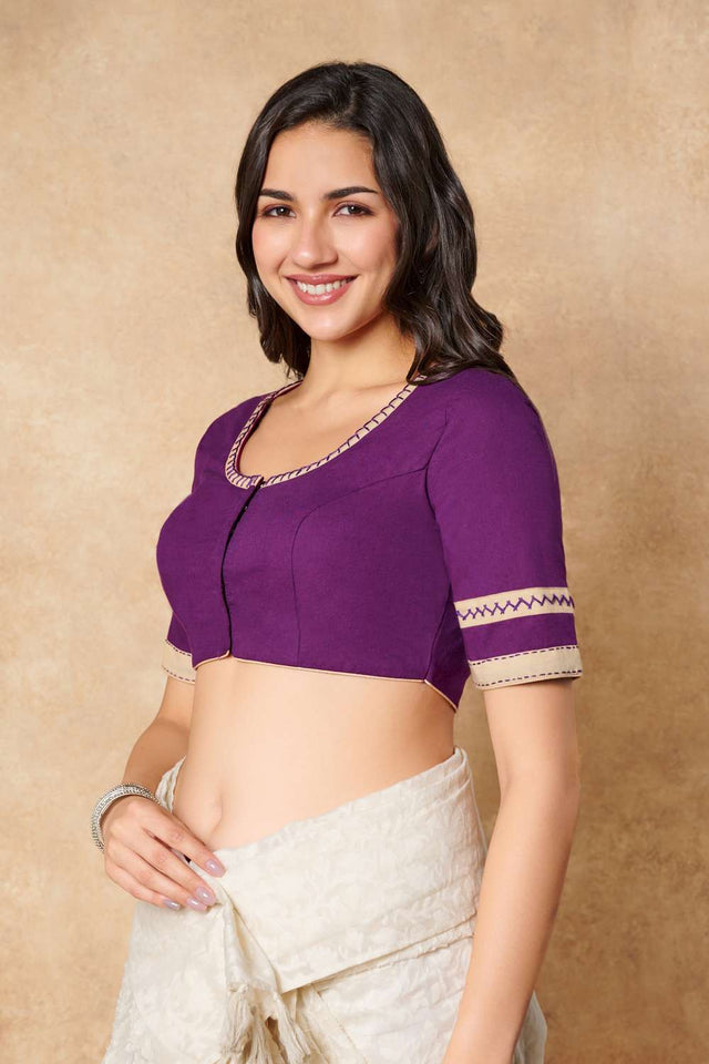 Purple Solid Cotton Round Neck Blouse