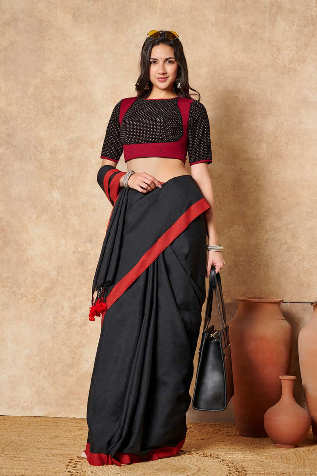 Black Polka Dot Cotton Round Neck Blouse