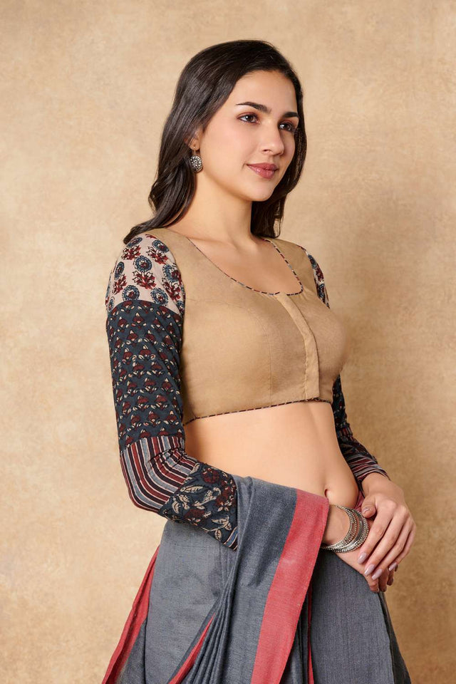 Beige Solid Cotton Round Neck Blouse