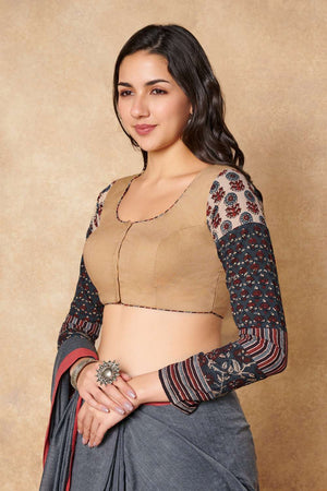 Beige Solid Cotton Round Neck Blouse