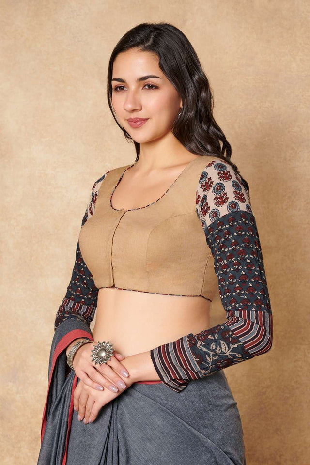 Beige Solid Cotton Round Neck Blouse