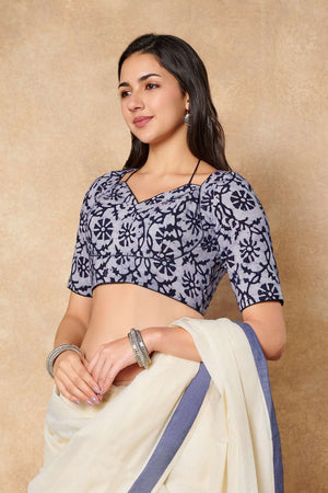 Blue Printed Cotton Sweetheart Neck Blouse