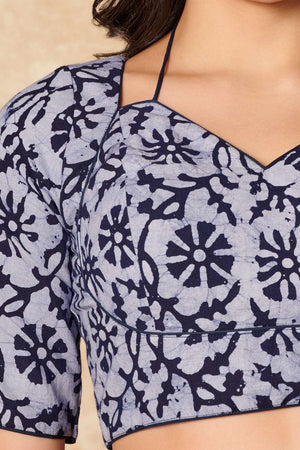 Blue Printed Cotton Sweetheart Neck Blouse