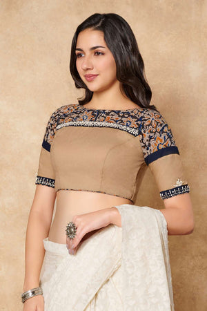Beige Kalamkari Printed Cotton Boat Neck Blouse