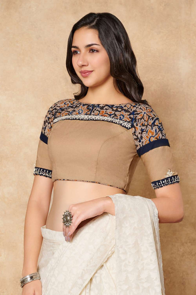 Beige Kalamkari Printed Cotton Boat Neck Blouse
