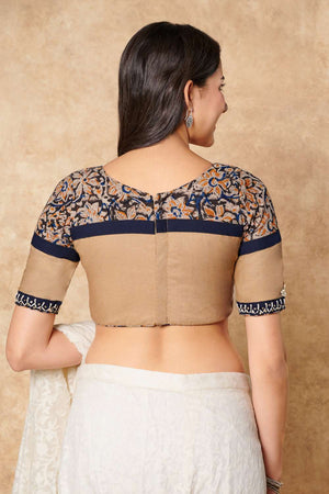 Beige Kalamkari Printed Cotton Boat Neck Blouse