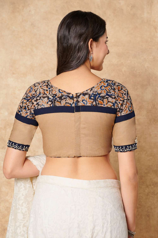 Beige Kalamkari Printed Cotton Boat Neck Blouse