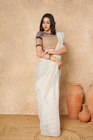 Beige Kalamkari Printed Cotton Boat Neck Blouse