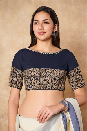 Navy Blue Kalamkari Printed Cotton Boat Neck Blouse