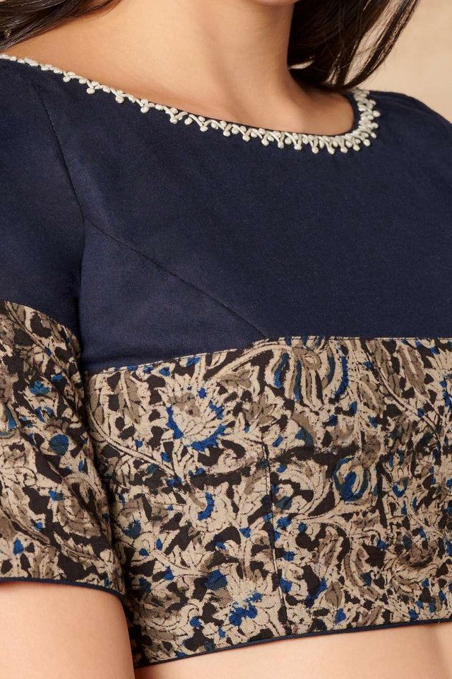 Navy Blue Kalamkari Printed Cotton Boat Neck Blouse