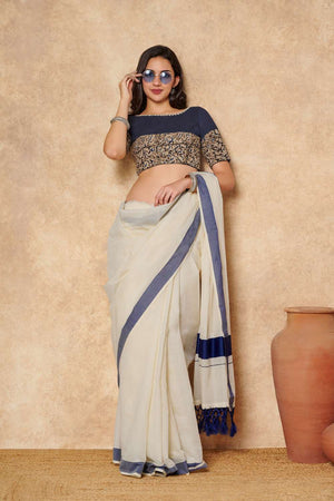 Navy Blue Kalamkari Printed Cotton Boat Neck Blouse