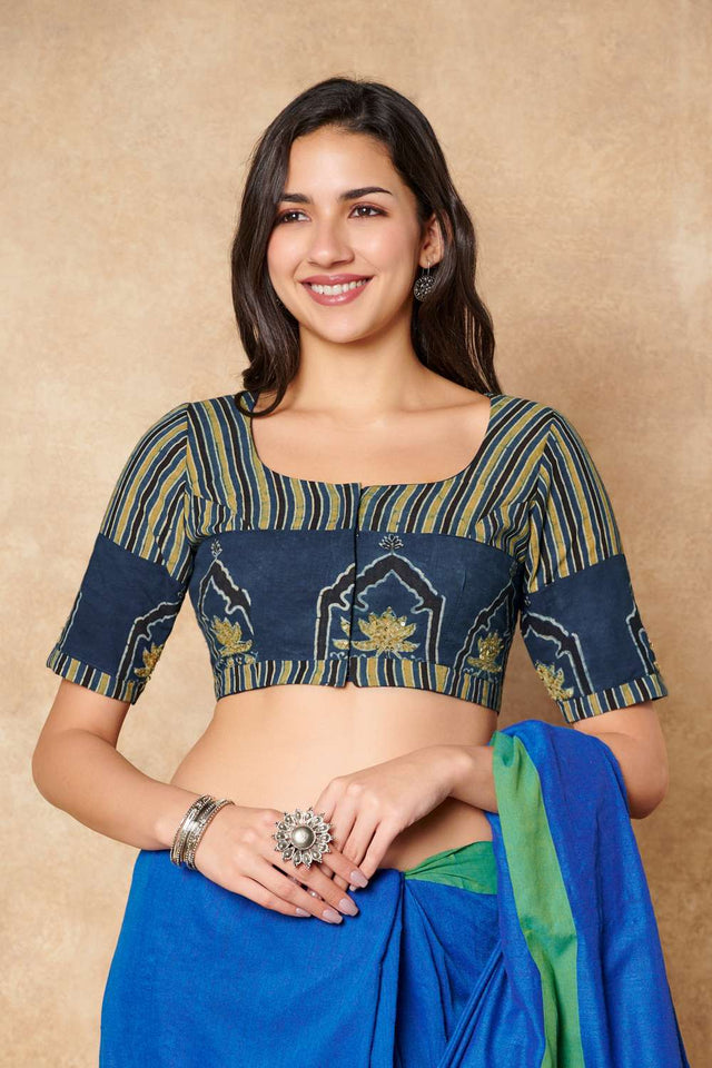 Blue Ajrakh Printed Cotton Round Neck Blouse