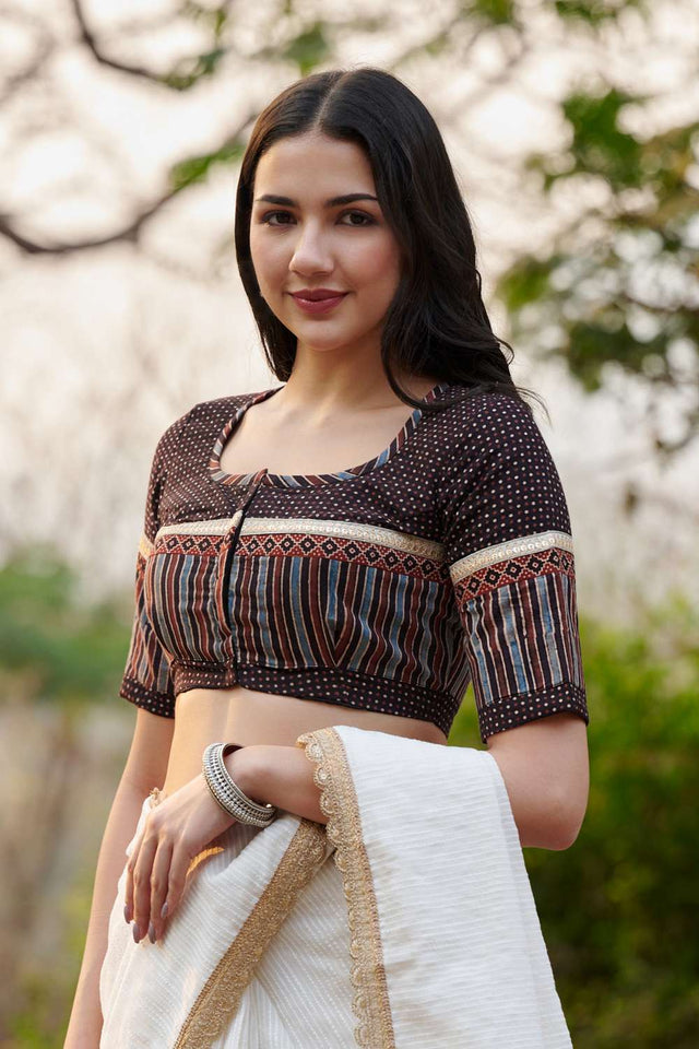 Black Ajrakh Printed Cotton Round Neck Blouse
