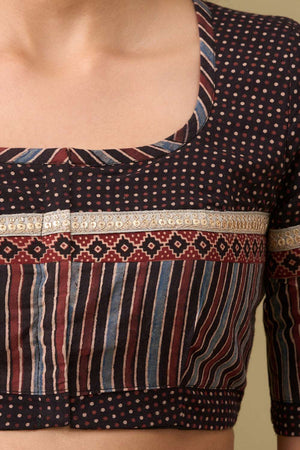 Black Ajrakh Printed Cotton Round Neck Blouse