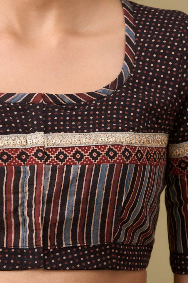 Black Ajrakh Printed Cotton Round Neck Blouse