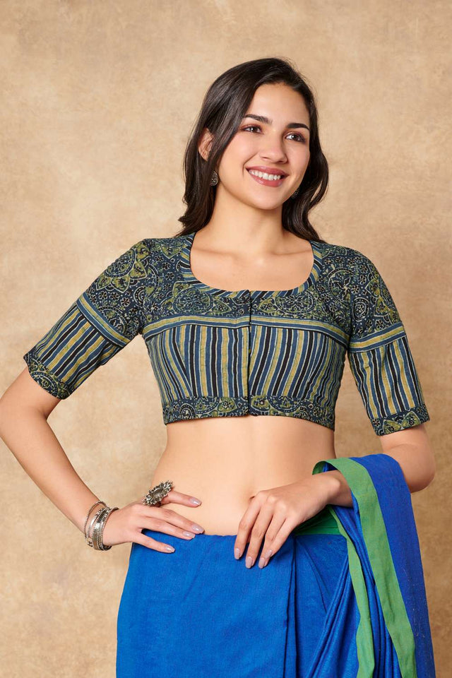 Green Ajrakh Printed Cotton Round Neck Blouse