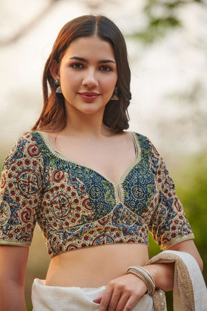 Beige Ajrakh Printed Cotton Sweetheart Neck Blouse