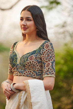 Beige Ajrakh Printed Cotton Sweetheart Neck Blouse
