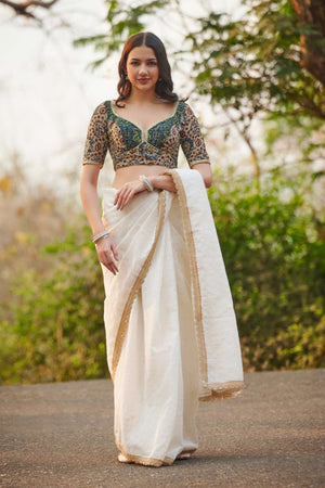 Beige Ajrakh Printed Cotton Sweetheart Neck Blouse