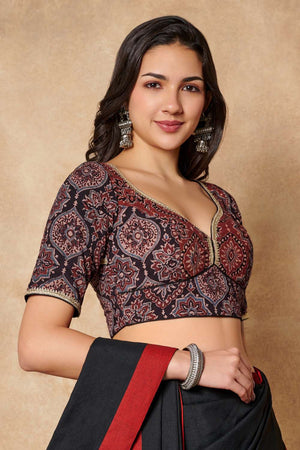 Black Ajrakh Printed Cotton Sweetheart Neck Blouse