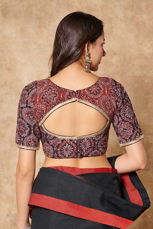 Black Ajrakh Printed Cotton Sweetheart Neck Blouse