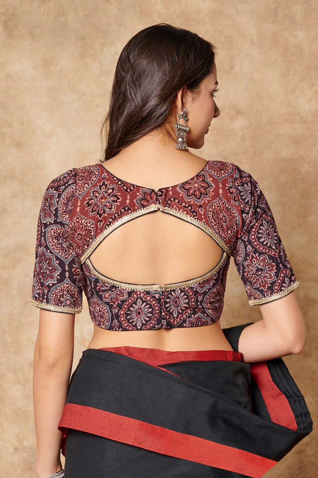 Black Ajrakh Printed Cotton Sweetheart Neck Blouse
