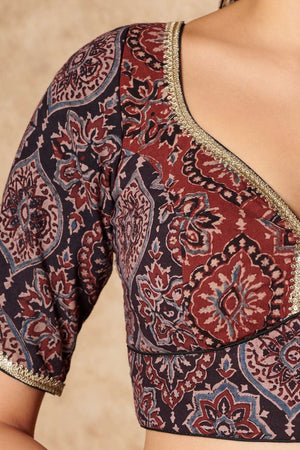 Black Ajrakh Printed Cotton Sweetheart Neck Blouse