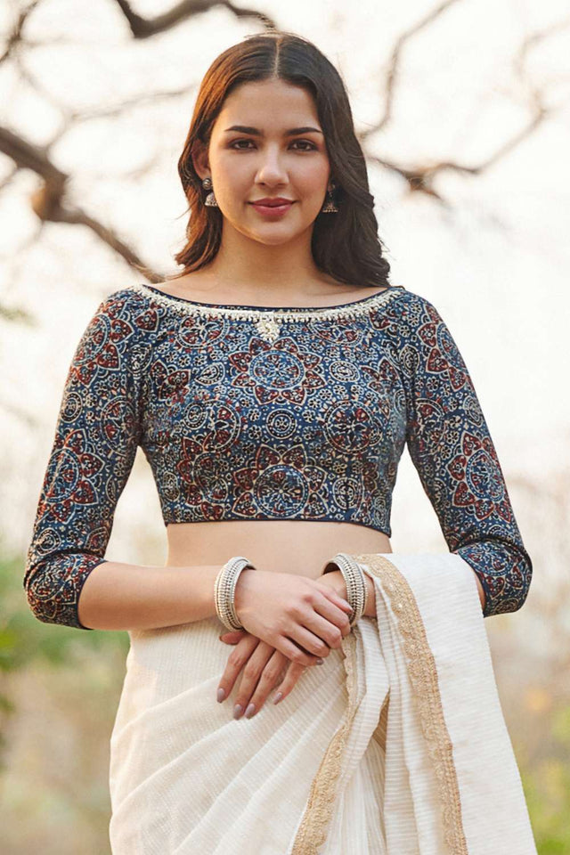Blue Ajrakh Printed Cotton Boat Neck Blouse