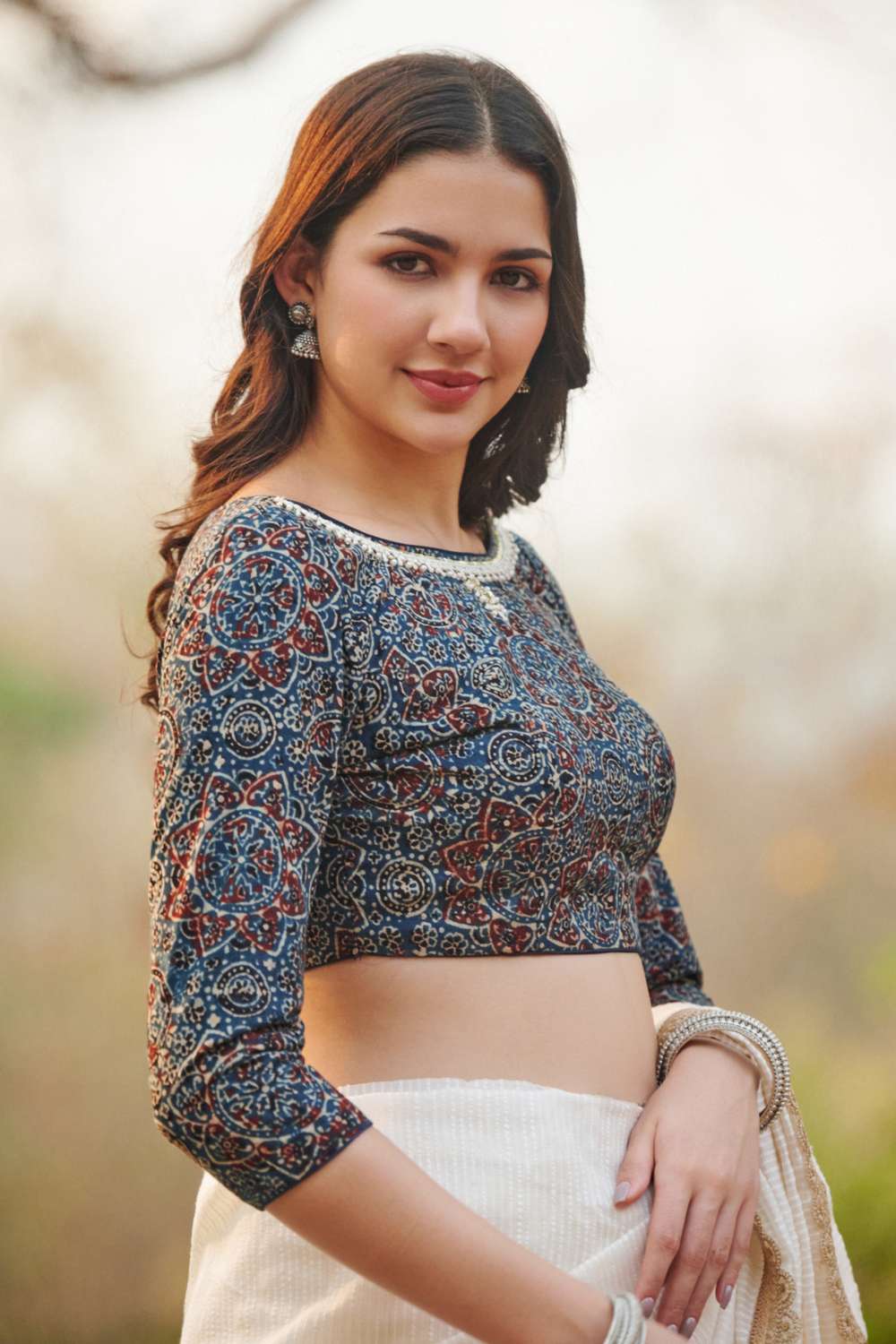 Buy Blue Ajrakh Printed Cotton Boat Neck Blouse Online - KARMAPLACE