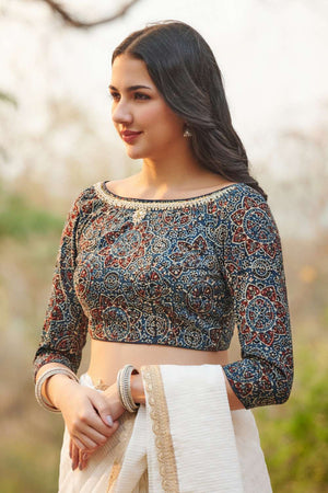 Blue Ajrakh Printed Cotton Boat Neck Blouse