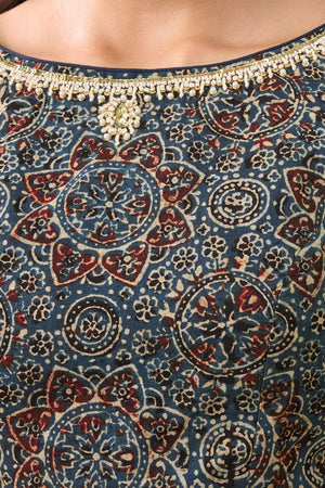 Blue Ajrakh Printed Cotton Boat Neck Blouse