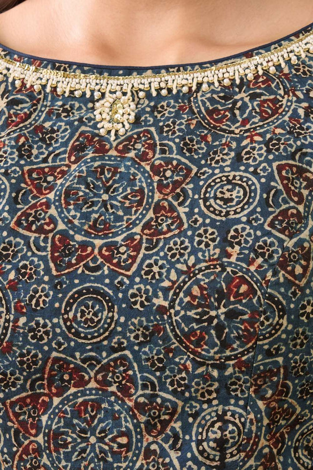 Blue Ajrakh Printed Cotton Boat Neck Blouse