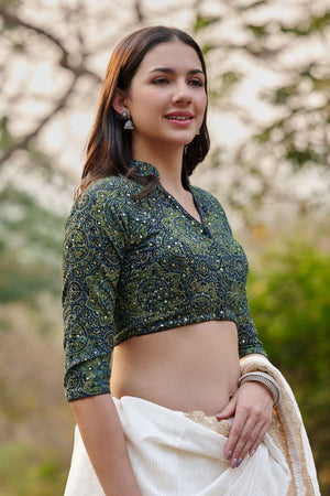 Blue Ajrakh Printed Cotton Stand Collar Blouse (CCBL0024-BLUE)