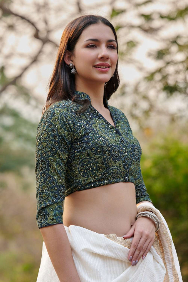 Blue Ajrakh Printed Cotton Stand Collar Blouse (CCBL0024-BLUE)