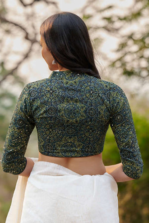 Blue Ajrakh Printed Cotton Stand Collar Blouse (CCBL0024-BLUE)