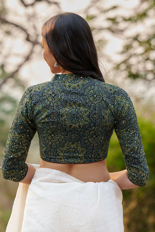 Blue Ajrakh Printed Cotton Stand Collar Blouse (CCBL0024-BLUE)