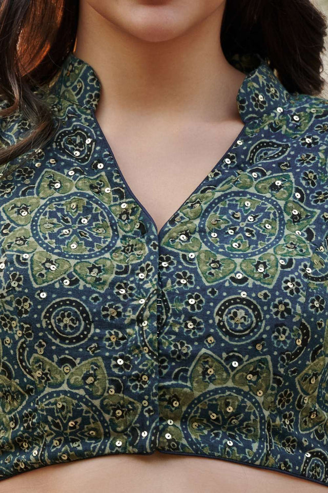 Blue Ajrakh Printed Cotton Stand Collar Blouse (CCBL0024-BLUE)