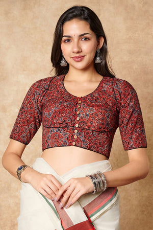 Red Ajrakh Printed Cotton Round Neck Blouse