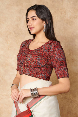 Red Ajrakh Printed Cotton Round Neck Blouse