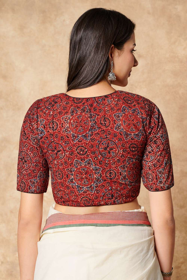 Red Ajrakh Printed Cotton Round Neck Blouse