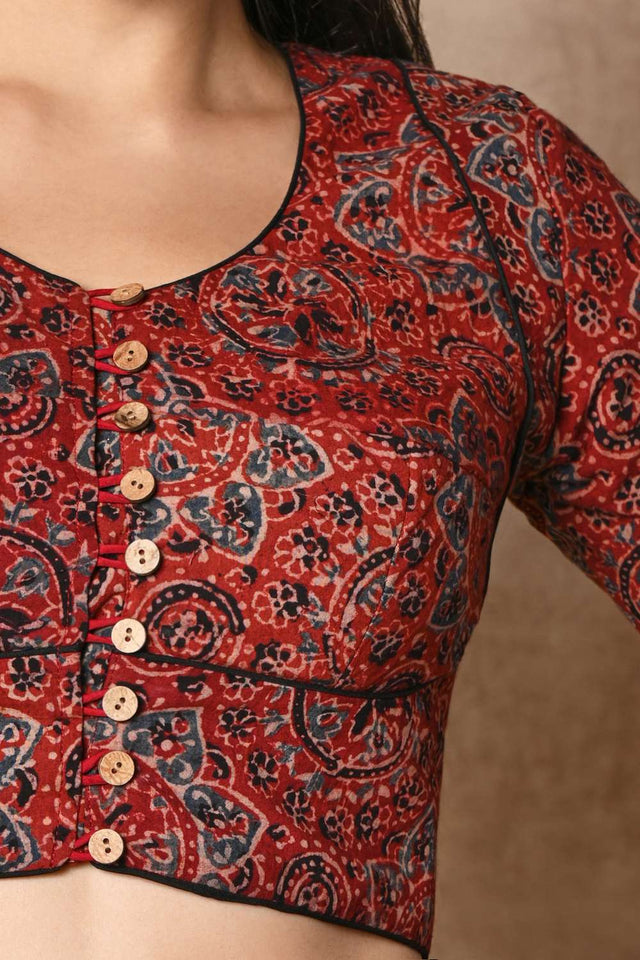 Red Ajrakh Printed Cotton Round Neck Blouse