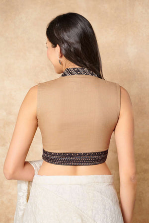 Beige Kalamkari Printed Cotton Stand Collar Blouse