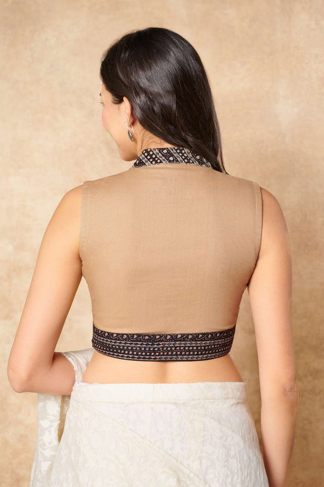 Beige Kalamkari Printed Cotton Stand Collar Blouse