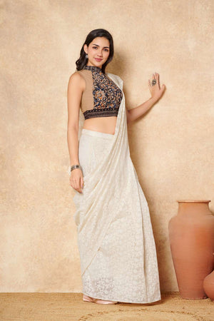 Beige Kalamkari Printed Cotton Stand Collar Blouse