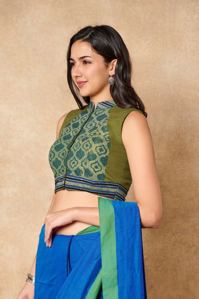 Olive Green Printed Cotton Stand Collar Blouse