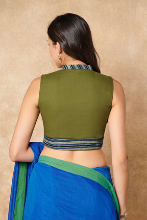 Olive Green Printed Cotton Stand Collar Blouse