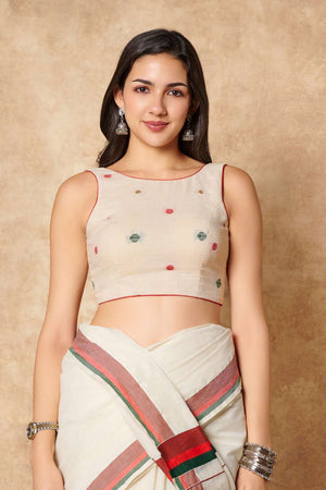 Off White Polka Dot Cotton Boat Neck Blouse