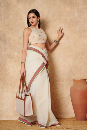 Off White Polka Dot Cotton Boat Neck Blouse